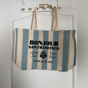 Brand New Sézane Blue Striped Canvas Tote with Bonjour San Francisco Print